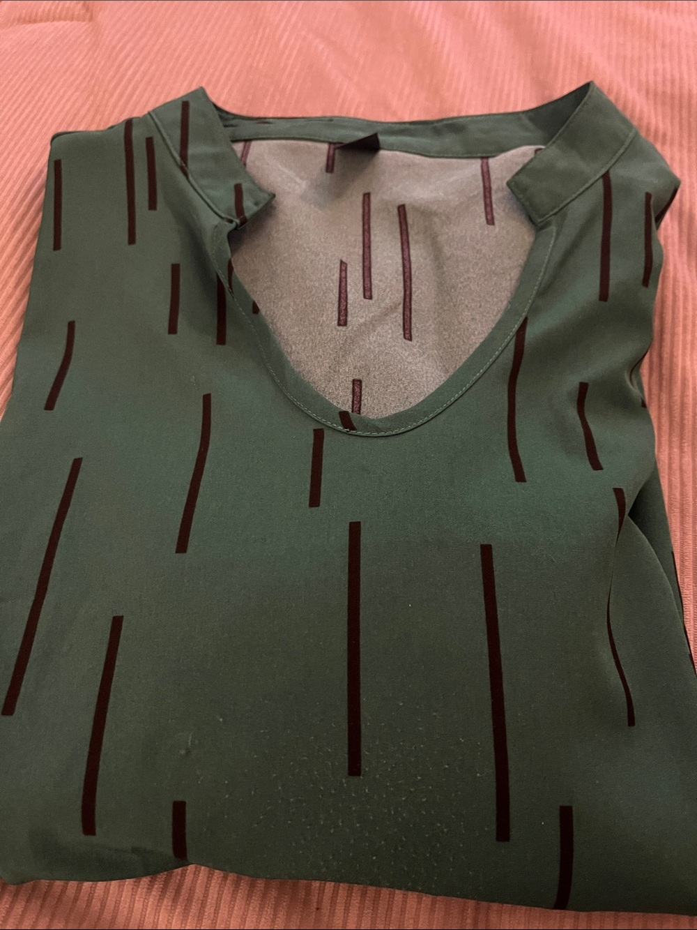 SHEIN Dark Green V-Neck Longline Blouse with Brown Stripe Print